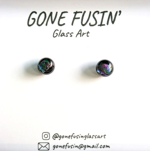 Black Glass Stud Earrings with Dark Dichroic Square