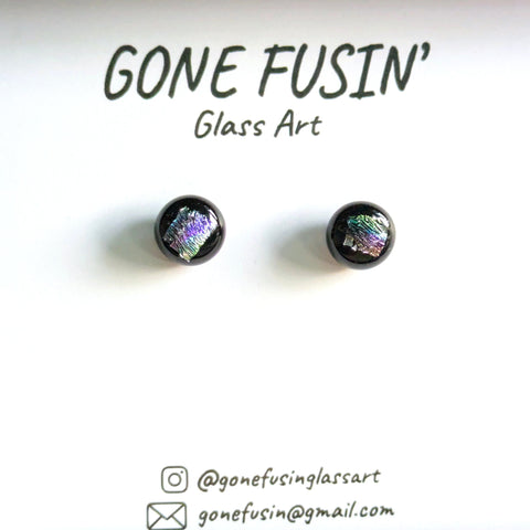 Black Glass Stud Earring with Dichroic Square