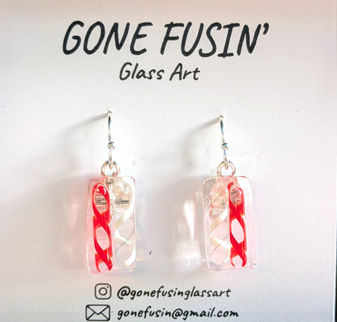 Red and White Swirl Fused Glass Earrings