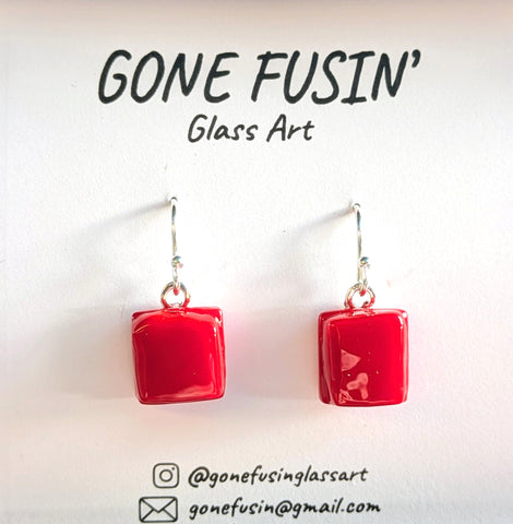 Red on Red Fused Glass Square Dangle Earrings