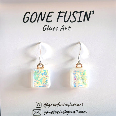 White Dichroic Square Dangle Earrings
