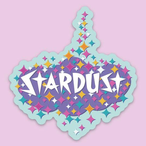 This is a colorful die cut sticker with the word STARDUST on it. Inspired by the hotel which once stood in Las Vegas. Stardust is written in bright white in a 50s retro font. The background is purple with a sky blue 1/4 inch trim all around. Sitting on top of the background colors are different sizes of diamonds in the following colors: pink, mustard, white, and teal. It's a happy colorful design. It measures about 3 inches by 3 inches. Durable vinyl material.