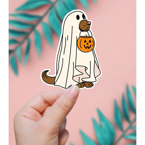 Dog Trick-or-Treating Ghost Sticker