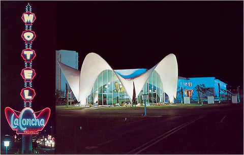 Vintage image of a building, shown at nighttime, that is similarly shaped to a concha shell. Along the left side (in vertical fashion), it features the words "Motel", "La Concha", and "Vacancy" in lit neon lights.