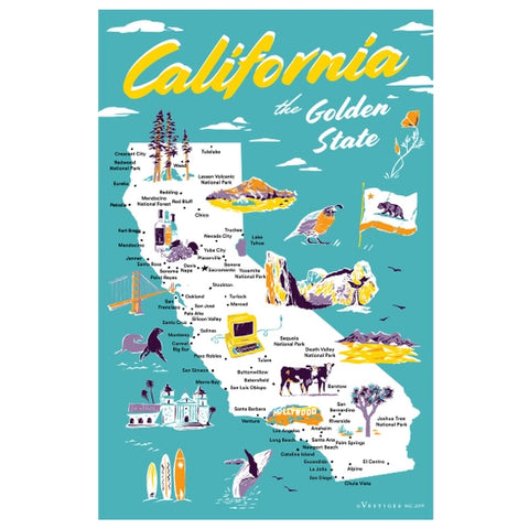 Californa State Map Retro Tea Towel