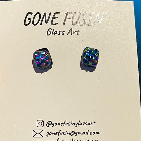 Bumpy Square Dichroic Glass Stud Earrings