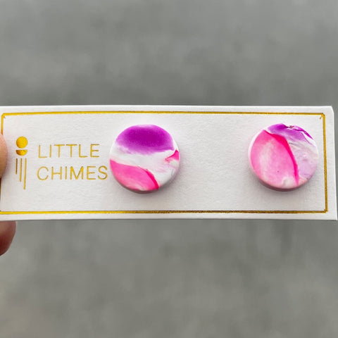 Little Chimes Button Stud Earrings Pink Purple Swirl