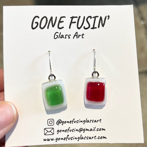 Glass Earrrings Red and Green Square Dangle