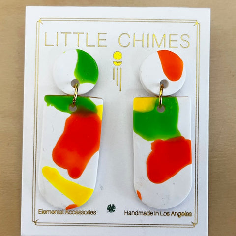 Little Chimes Large Circle and Hanging Earrings Orange White and Green
