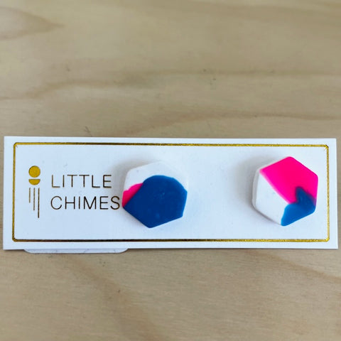 Little Chimes Hex Earrings Blue White and Hot Pink