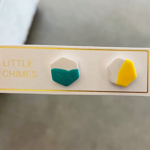 Little Chimes Hex Teal and Yellow Stud Earrings