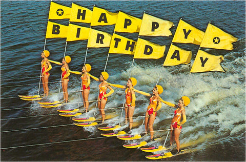 Retro Water Skiers Happy Birthday Postcard