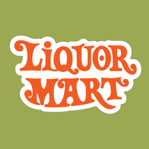 This sticker has the words LIQUOR MART on it on two lines. The letters area capitalized and they are in a retro fun font in an orange red color. The background of the sticker is bright which creates a high contrast to the text. This sticker is die cut around the letters for a fun effect. It measures about 3 inches wide by 1 1/2 inches tall. Durable vinyl material. 