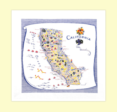 Vintage California Map Flour Sack Towel Blue